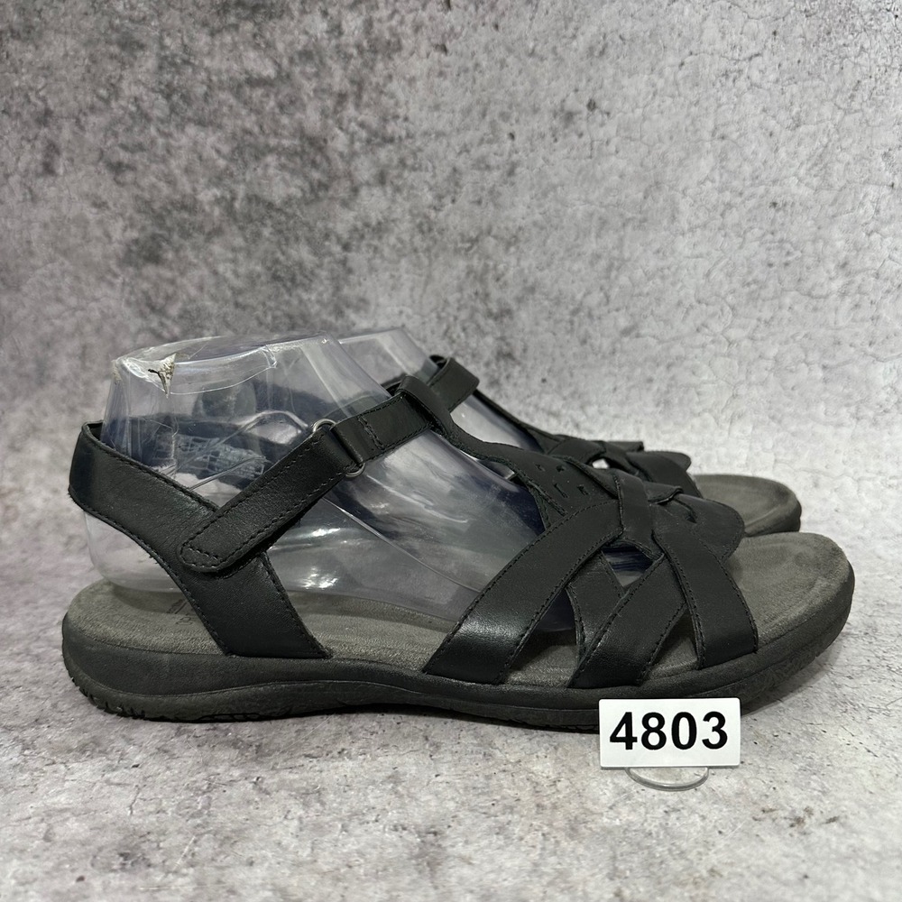 Earth Origins Sylvie Wide Sandals Womens 11 Black Leather Strappy Comfort Flat